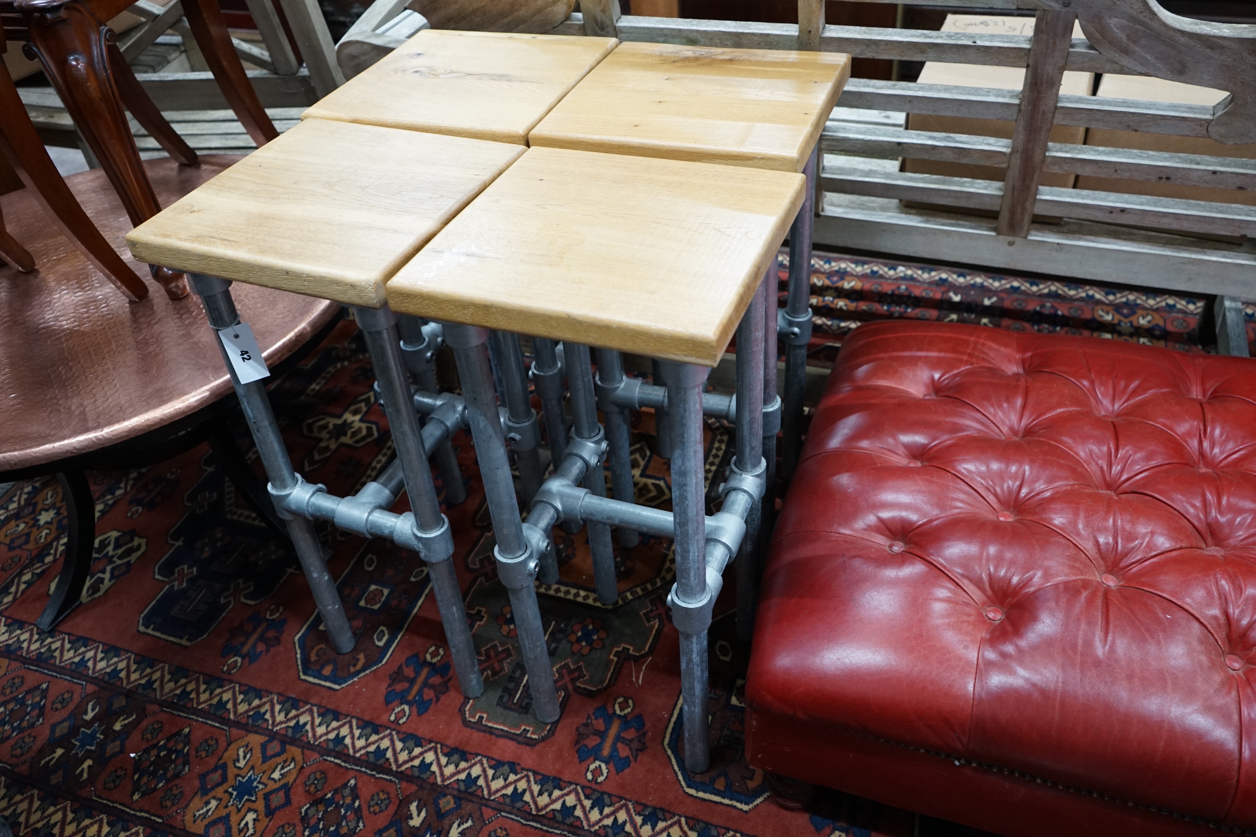 A set of four Industrial style oak and scafford pole bar stools, height 75cm